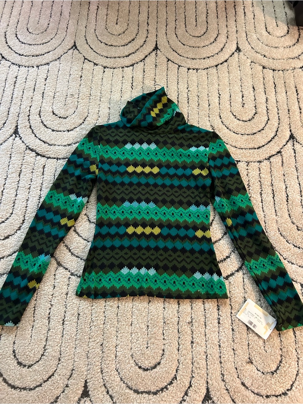 Women's Green Patterned Cowl Neck Sweater